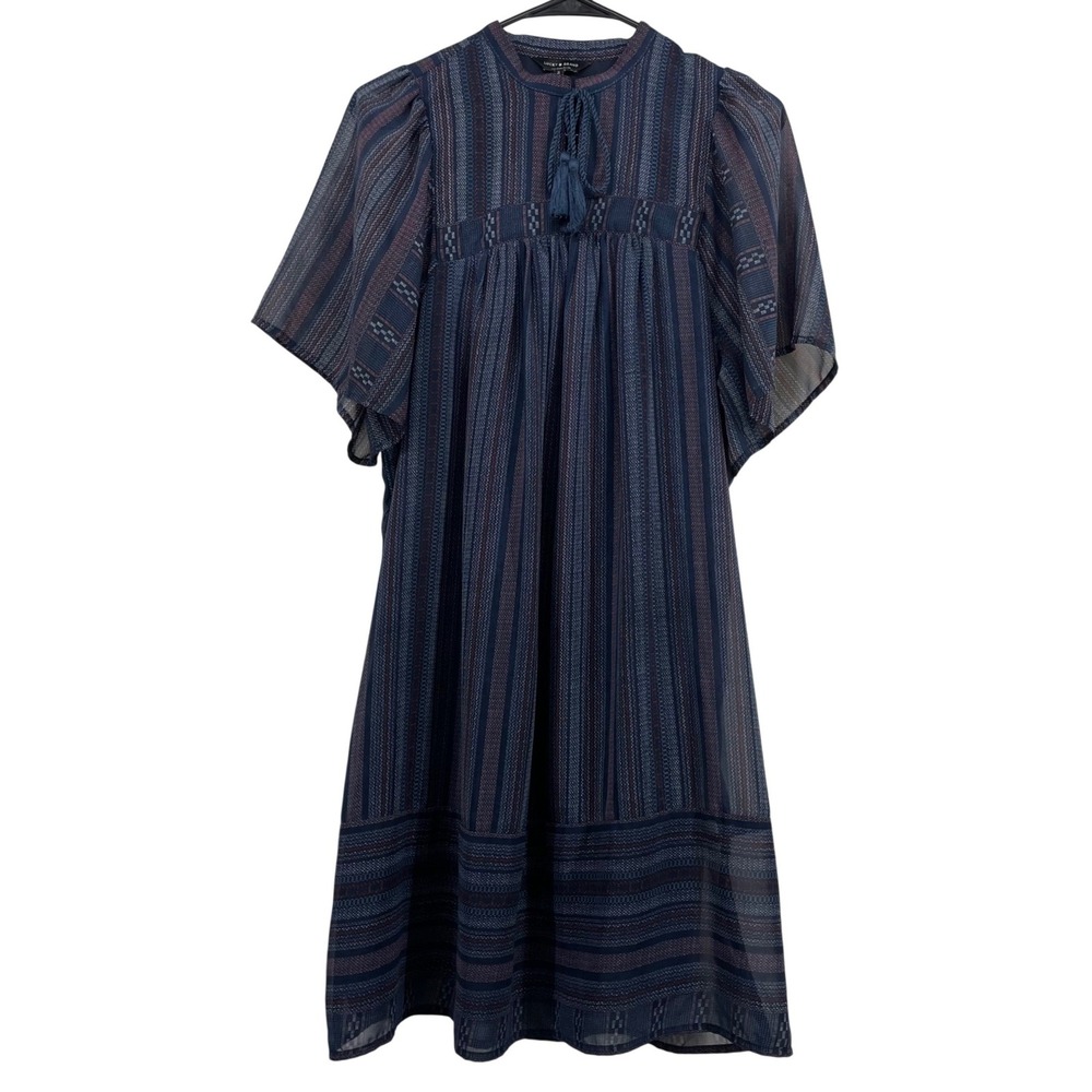 Lucky Brand Women S Shift Dress Navy Blue Striped‎ Boho Tassel Flutter Sleeve